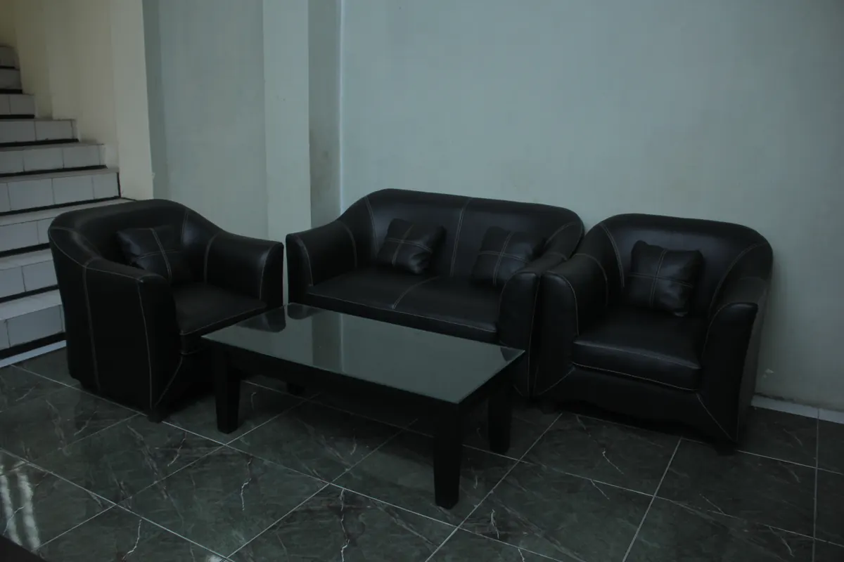 Ruang tamu dengan sofa kulit